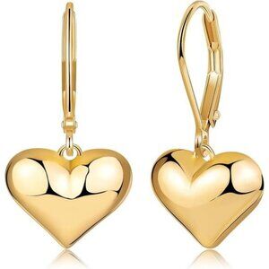 14K Gold-Puffed Heart Leverback Dangle Drop Hypoallergenic Earring for Women